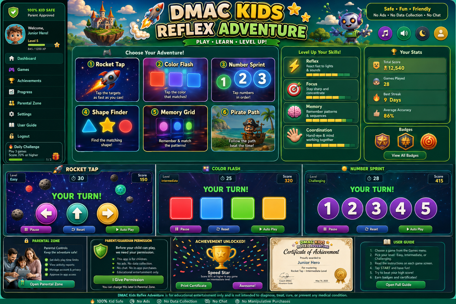 Colorful DMAC Kids Reflex Adventure game world